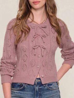 Heartloom Joelle Bow Tie Front Pointelle Cardigan Sweater Pink Small NEW 3157